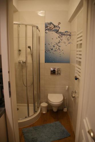 uma casa de banho com um chuveiro, um WC e um lavatório. em Apartament na Heweliusza em Gdańsk