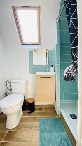 une salle de bain avec toilettes, lavabo et douche dans l'établissement Appartements Cosy Le Havre, au Havre