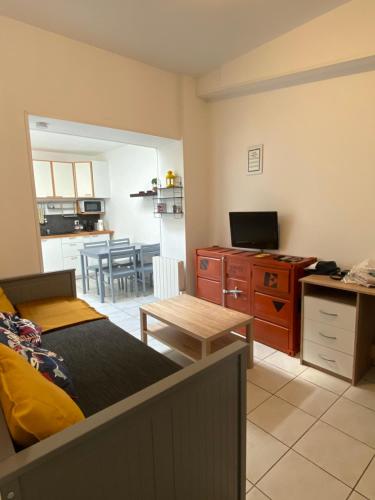 a living room with a couch and a kitchen at Bienvenue au parc St Pierre in Amiens