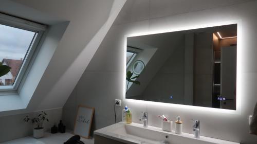 a bathroom with a sink and a large mirror at Cocoon Bed and Breakfast in Fegersheim