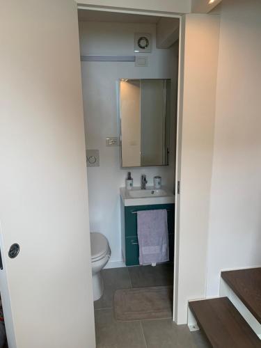 bagno con servizi igienici, lavandino e specchio di Torretta San Cerbone Baratti a Piombino
