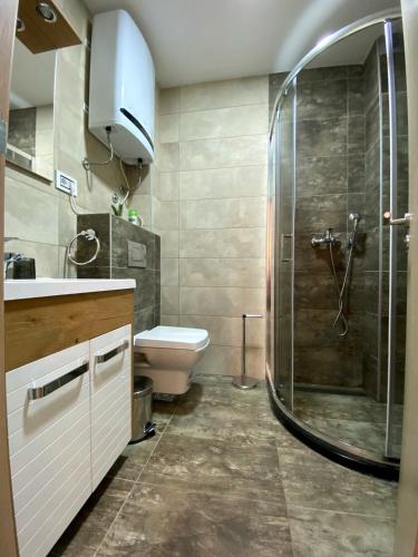 a bathroom with a toilet and a glass shower at Spa & Wellness, apartman Sun & Snow in Zlatibor