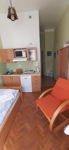 a small room with a bed and a kitchen at Apartma Františkovy Lázně in Františkovy Lázně