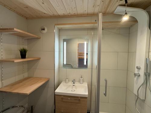 ein Bad mit einem Waschbecken und einer Dusche in der Unterkunft Studio 4 pers, ménage inclus à Val Thorens in Val Thorens