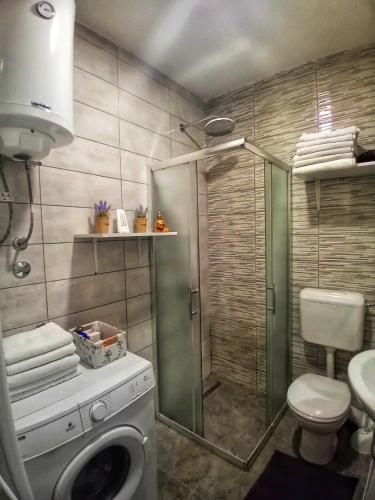 a bathroom with a shower and a washing machine at Apartman Buda 2 in Sarajevo