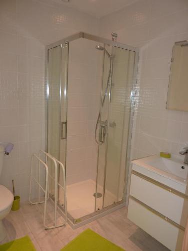 uma casa de banho com um chuveiro, um WC e um lavatório. em Chambres d'hôtes : La Isla Bonita em L'Ile-Bouchard