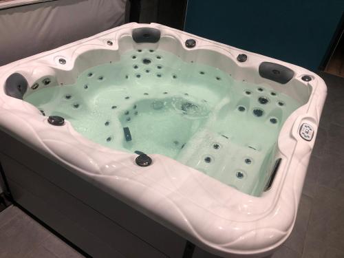 een badkamer met een bad gevuld met groen water bij Chambre privative avec spa in Louplande