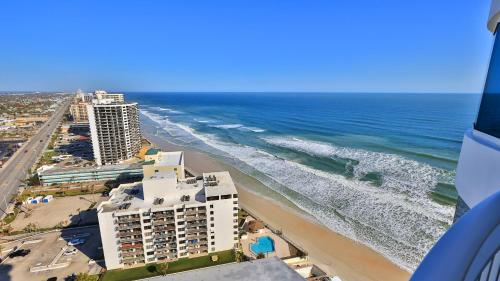 an aerial view of the beach and buildings at On the Beach-2/Br 2/Bath, 26th floor! Spectacular views of Ocean & River in Daytona Beach Shores