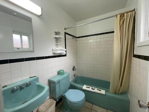 a bathroom with a blue toilet and a bath tub at Acorn Motel in Black Mountain