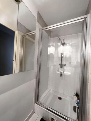 une salle de bain avec une douche avec une porte vitrée dans l'établissement Amazing Flat Sénat, à Paris