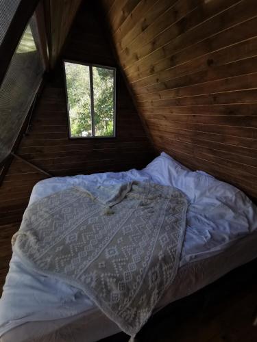 a bed in a wooden cabin with a window at Mamaterra Glamping in Macanal