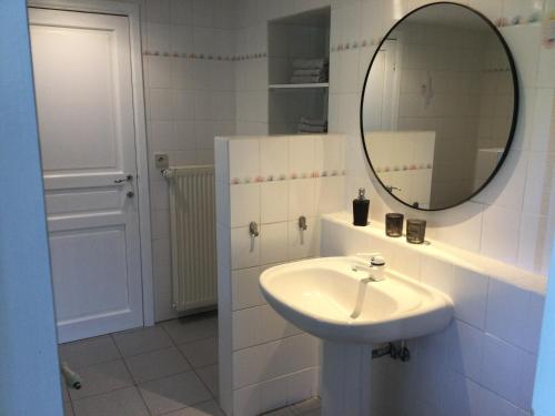 een badkamer met een wastafel en een spiegel bij Gîte des Grandsarts in Chimay