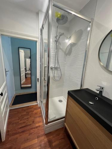 une salle de bain avec une douche avec un lavabo et un miroir dans l'établissement Studio Basilique St Martin, à Tours