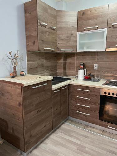 cocina con armarios de madera y horno con fogones en Apartman Nadja, en Niš