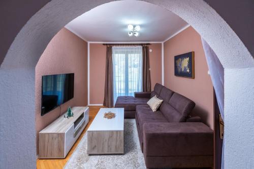 a living room with a couch and a tv at FamilyApartment in Kolašin