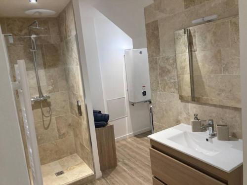 La salle de bains est pourvue d'une douche et d'un lavabo. dans l'établissement T2 à 50 mètres de la gare, à Roanne