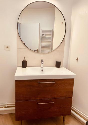 une salle de bain avec un lavabo et un miroir dans l'établissement Style Loft Chic : T2 avec Chambre Parentale -Top Séjour Arras, à Arras