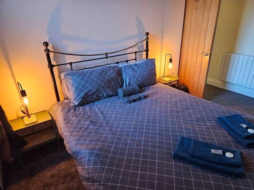 卡萊爾的住宿－Carlisle City Centre. Spacious Apartment. Ideal location.，一间卧室配有一张紫色床和两条毛巾