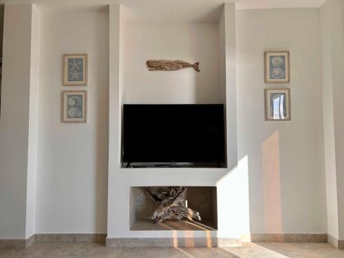 a living room with a fireplace with a flat screen tv at Yellow Heron House in Puerto Villamil
