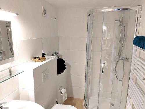 ein Badezimmer mit Dusche und Toilette in der Unterkunft Haus Mitterbach Ferienwohnung Berglaune in Berchtesgaden
