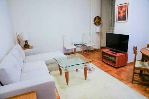 Una sala de estar con un sofá blanco y un televisor. en SkopjePad - Centrally Located, Stylish Pad, en Skopje
