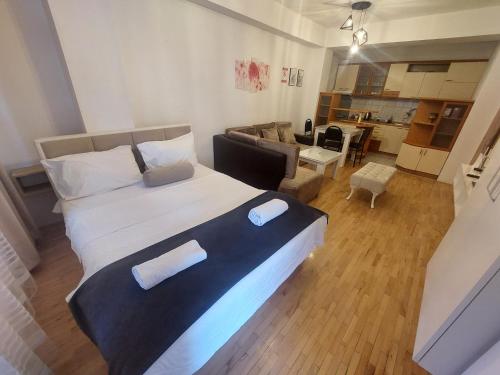a bedroom with a large bed and a living room at Petreski Apartments 1 in Ohrid