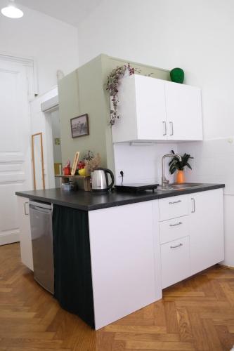 a kitchen with white cabinets and a black counter top at Robins Nest in The City Center in Maribor