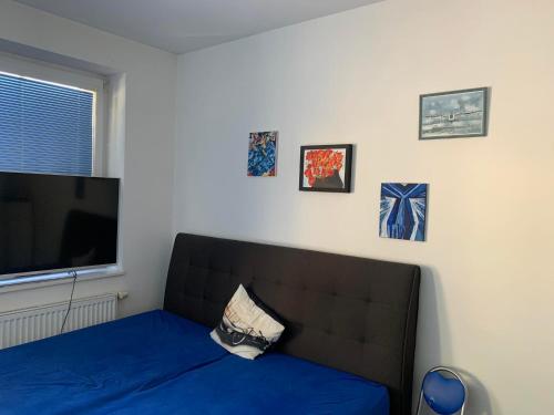 een woonkamer met een blauwe bank en een flatscreen-tv bij Ubytování u sjezdovky Tanvaldský Špičák II. s garáží in Albrechtice v Jizerských horách