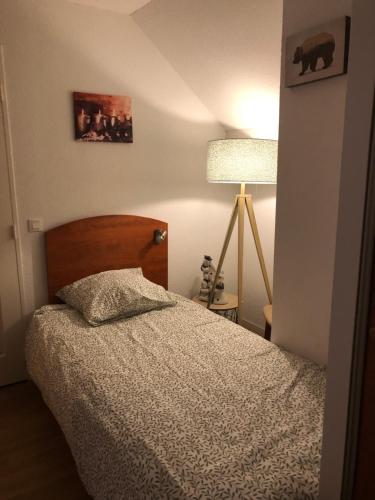a small bedroom with a bed and a lamp at Duplex 8 couchages, au pied des pistes de la Mongie in La Mongie