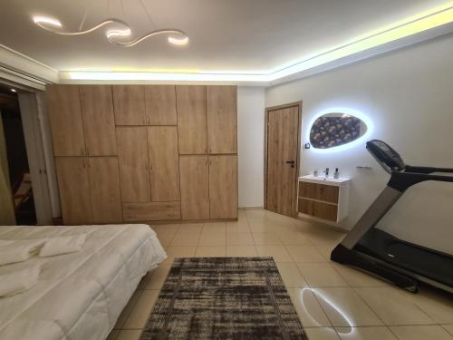 a bedroom with a bed and a treadmill at Sunny Home Private Jacuzzi Hydromassage, Fireplace, Acropolis & Lycabettus View, Underground Parking, 300m Metro Peristeri in Athens