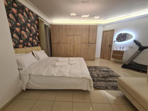 a bedroom with a large bed and a couch at Sunny Home Private Jacuzzi Hydromassage, Fireplace, Acropolis & Lycabettus View, Underground Parking, 300m Metro Peristeri in Athens
