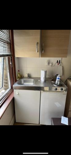 a small kitchen with a sink and a window at Beautiful Studio flat in Enfield Lock
