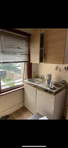 una piccola cucina con lavandino e finestra di Beautiful Studio flat a Enfield Lock
