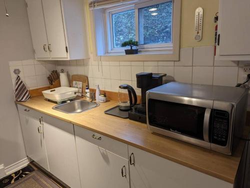 a kitchen counter with a microwave and a sink at Cozy basement apartment in the heart of Oakville in Oakville