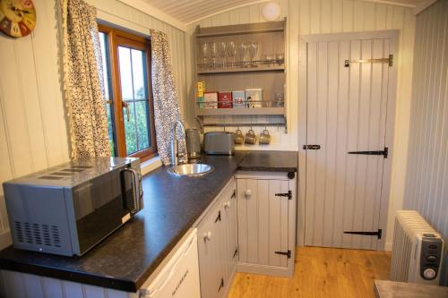 a kitchen with a microwave on top of a counter at Carlingford Glamping Hut 