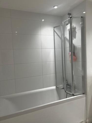 um chuveiro numa casa de banho com uma pessoa em Spontaneous apartment em Kingston upon Thames