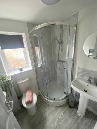 een badkamer met een douche, een toilet en een wastafel bij Erin Guest House in Bristol
