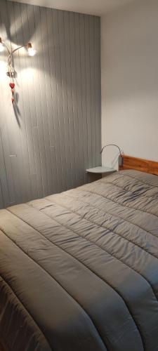 - une chambre avec un grand lit et un mur blanc dans l'établissement Bel appartement Saint Lary Vignec, à Vignec