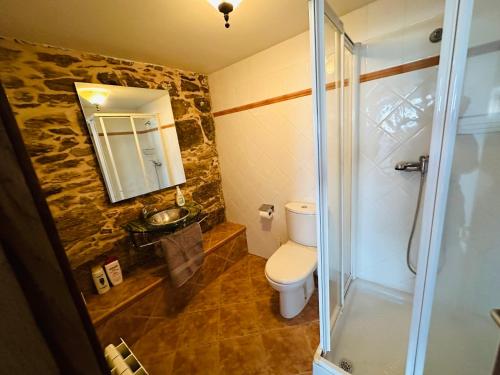y baño con aseo, lavabo y ducha. en Casa familiar vista Rías en Vigo
