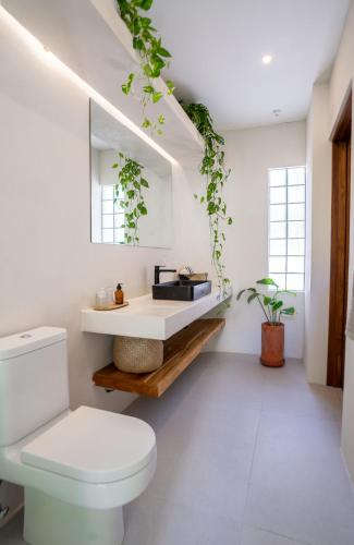 a bathroom with a white toilet and a sink at Botanika Suites in Santa Teresa Beach