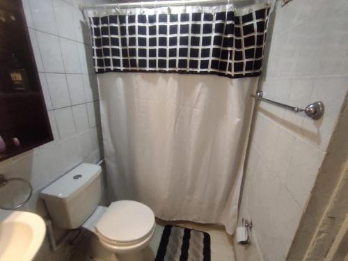 a bathroom with a toilet and a shower curtain at Hostal Dulces Sueños in Chillán