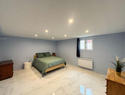 ein Schlafzimmer mit einem Bett in einem Zimmer mit blauen Wänden in der Unterkunft Maison 2 chambre, CALME a 12 min de La Défense et 20min de Paris in Colombes