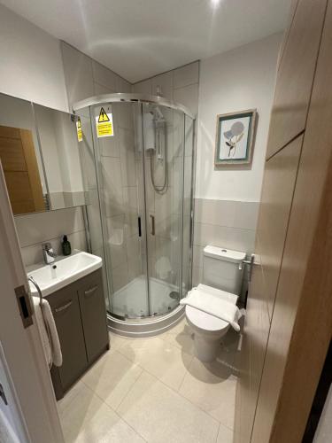 a bathroom with a shower and a toilet and a sink at The Stables, Chester - Luxury Apartments by PolkaStays in Chester