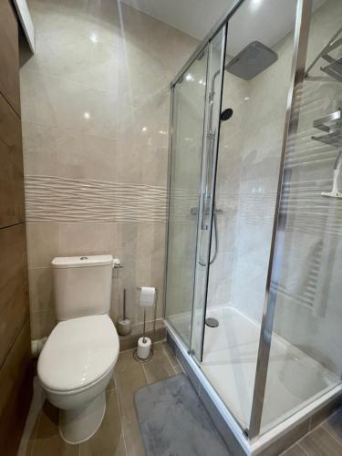 y baño con aseo y ducha. en Studio cozy 30m² près RER/CDG/Parc des Expos, en Villepinte