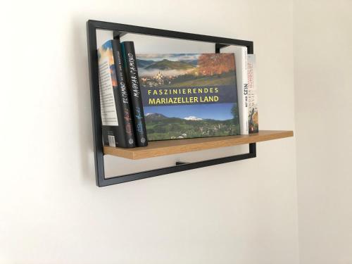 a shelf with books on a wall at R&K Classic Spirit Mariazell in Mariazell