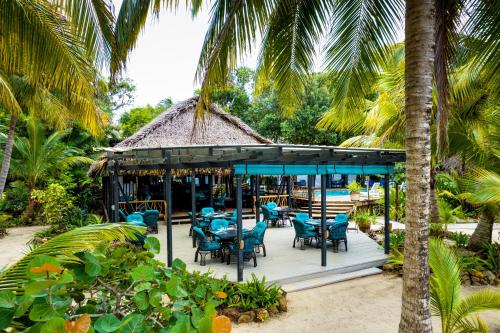 a restaurant on the beach with blue chairs and palm trees at Azure Del Mar in Maya Beach