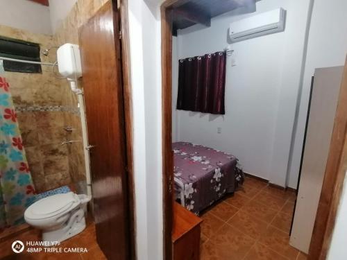 a bathroom with a toilet and a bed in a room at La Mulata Apart in Puerto Iguazú