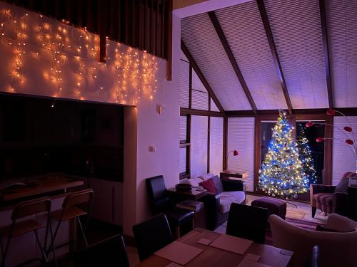 uma sala de estar com uma árvore de Natal no canto em East Belfast Townhouse em Belfast