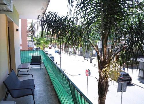 Un balcón de un edificio con una palmera y sillas. en La Casa di Gadu, en Casalnuovo di Napoli
