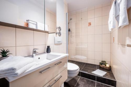 a white bathroom with a sink and a toilet at Auszeit Apartment BLACK FOREST EMOTION mit Sonnenbalkon mit Blick auf den Kurpark, schnelles Internet, Nähe Triberger Wasserfälle, für bis zu 2 Personen in Schönwald